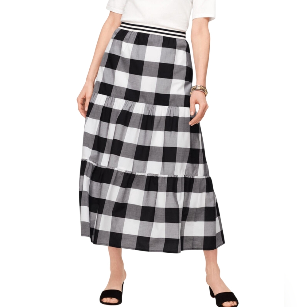 Talbots Buffalo Check Tiered Midi Preppy Cotton Skirt Sz L P